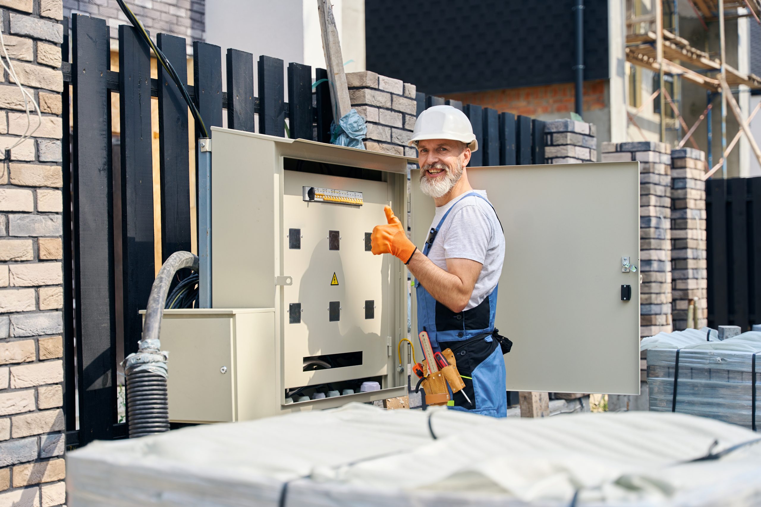 Electrician approving electric switchboard installation on construction site